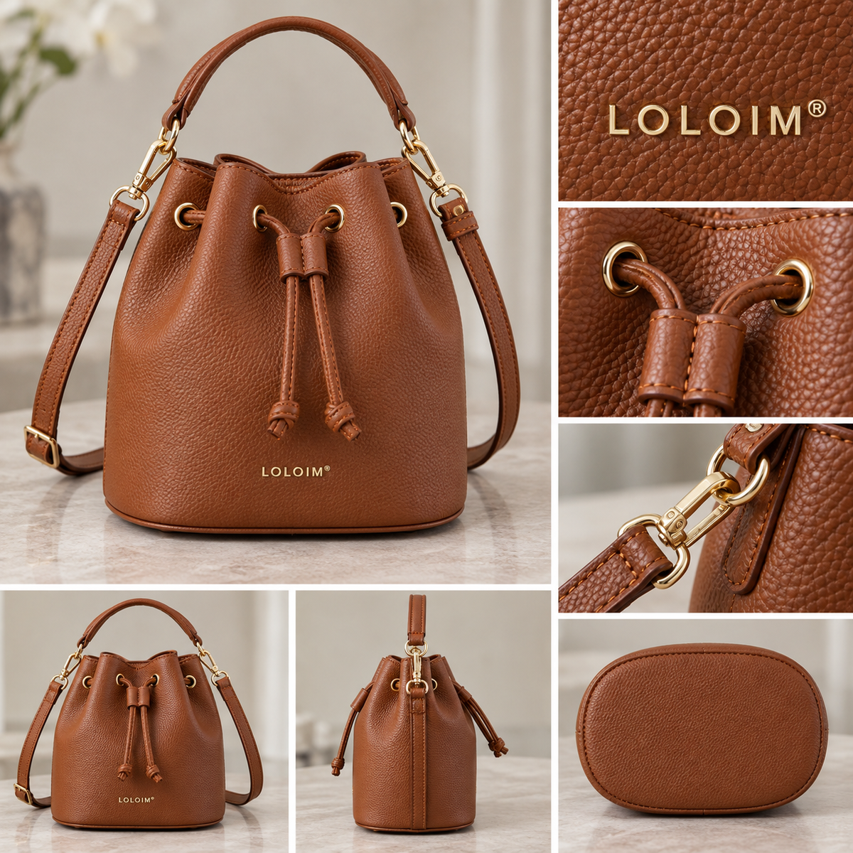 loloim® Cognac Brown Drawstring Bucket Bag