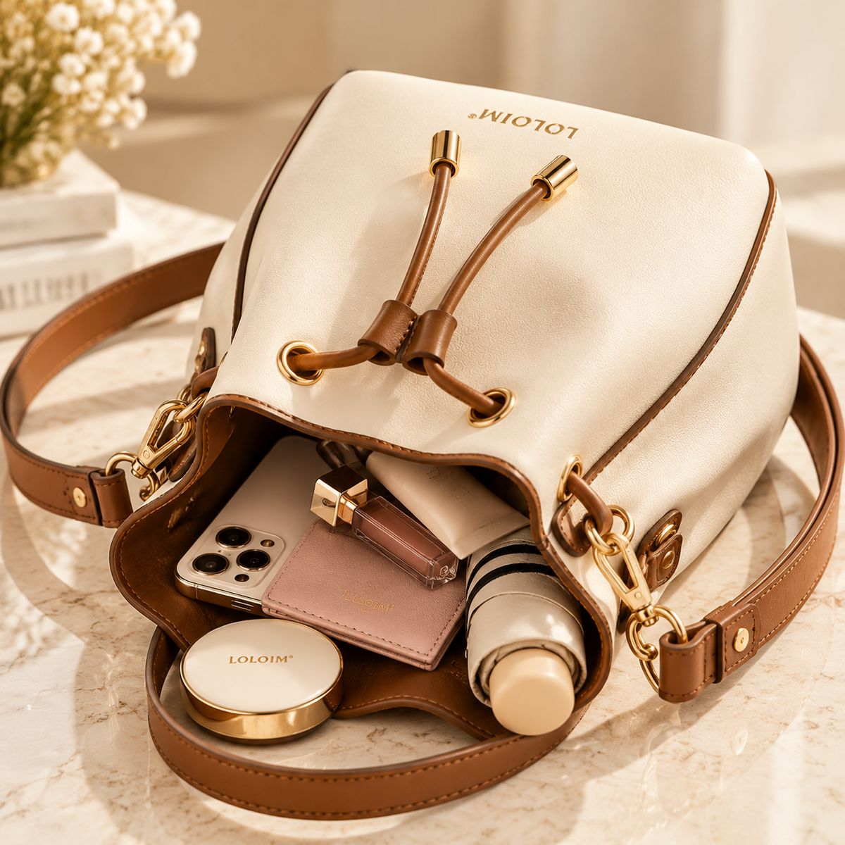 LOLOIM® Cream & Brown Drawstring Bucket Bag