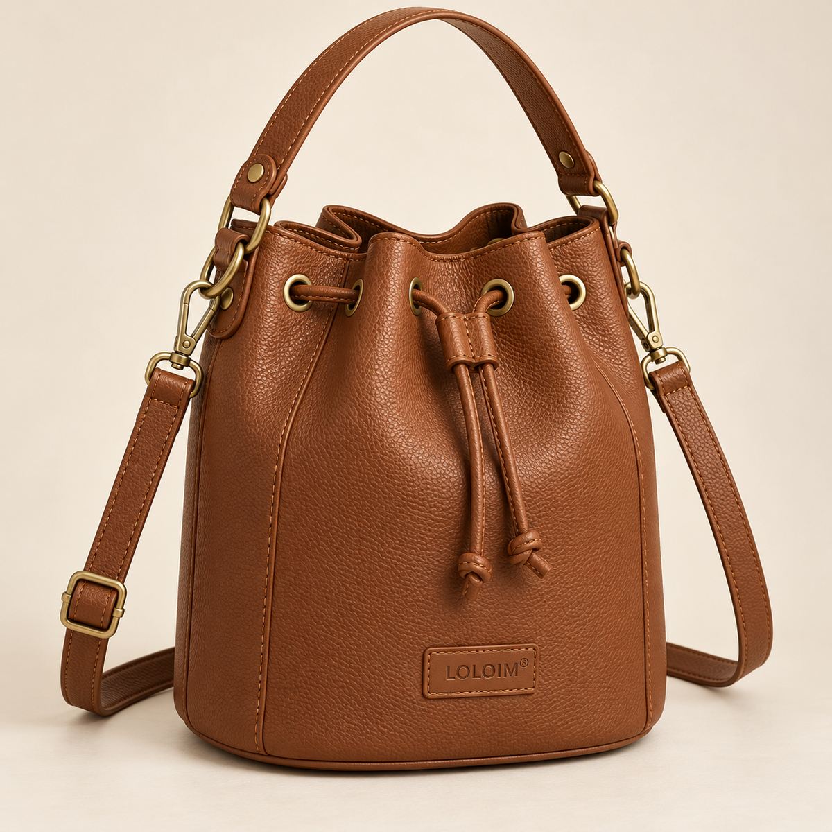 loloim® Cognac Brown Drawstring Bucket Bag