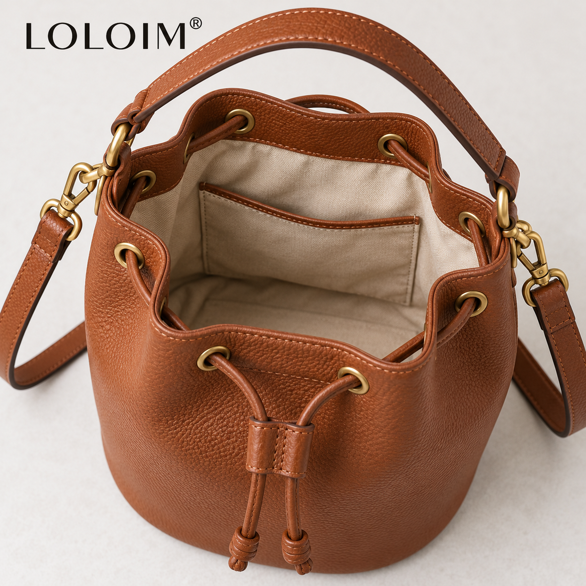 loloim® Cognac Brown Drawstring Bucket Bag