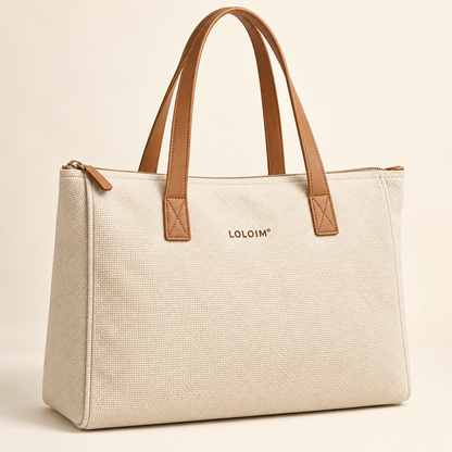 loloim® Ivory Woven Tote Bag with Brown Handles