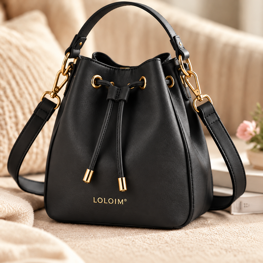 LOLOIM® Black Drawstring Bucket Bag with Gold Hardware