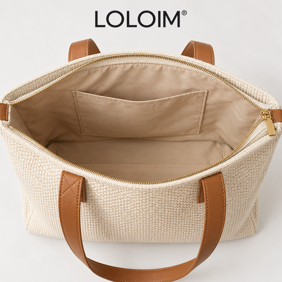 loloim® Ivory Woven Tote Bag with Brown Handles