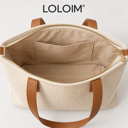 loloim® Ivory Woven Tote Bag with Brown Handles