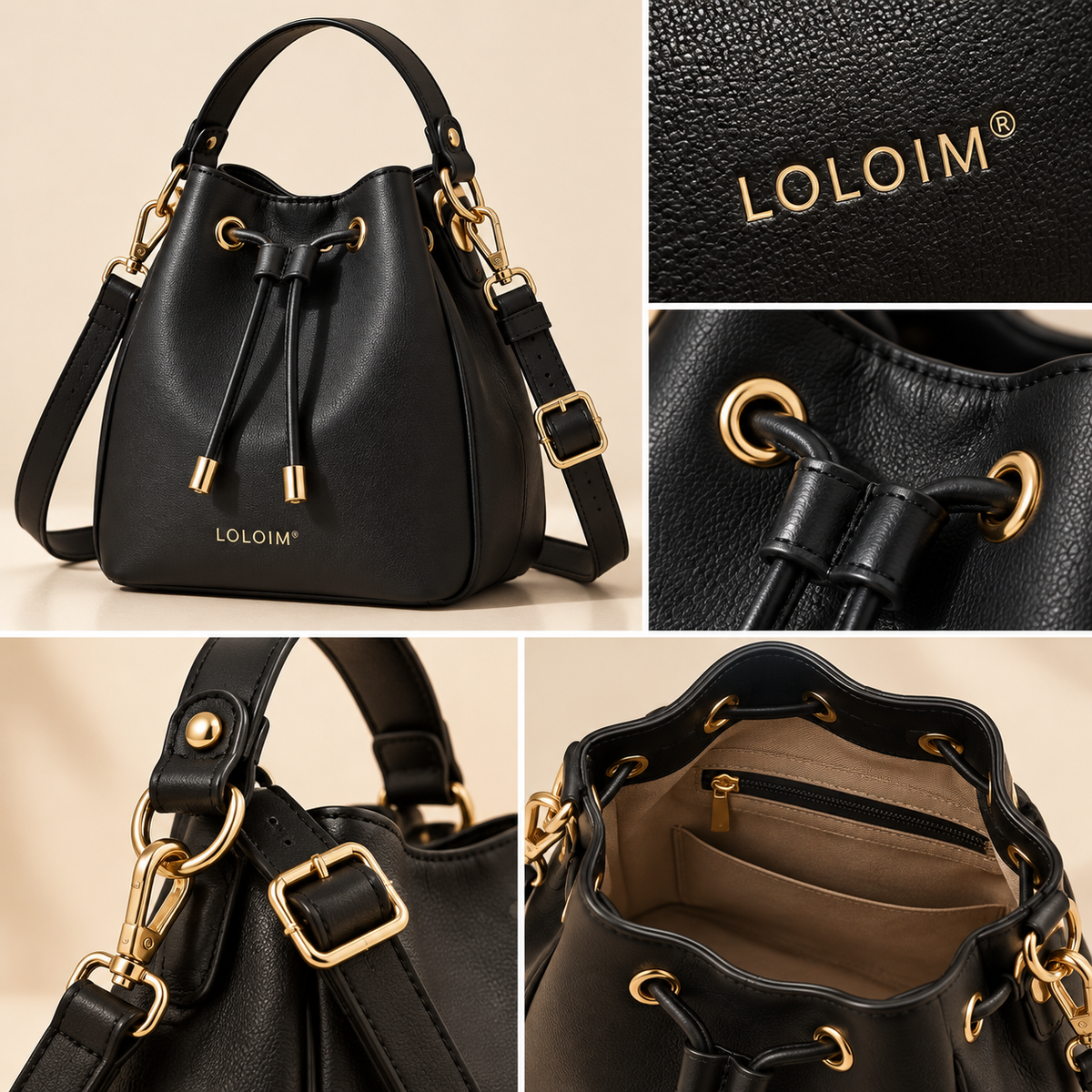 LOLOIM® Black Drawstring Bucket Bag with Gold Hardware
