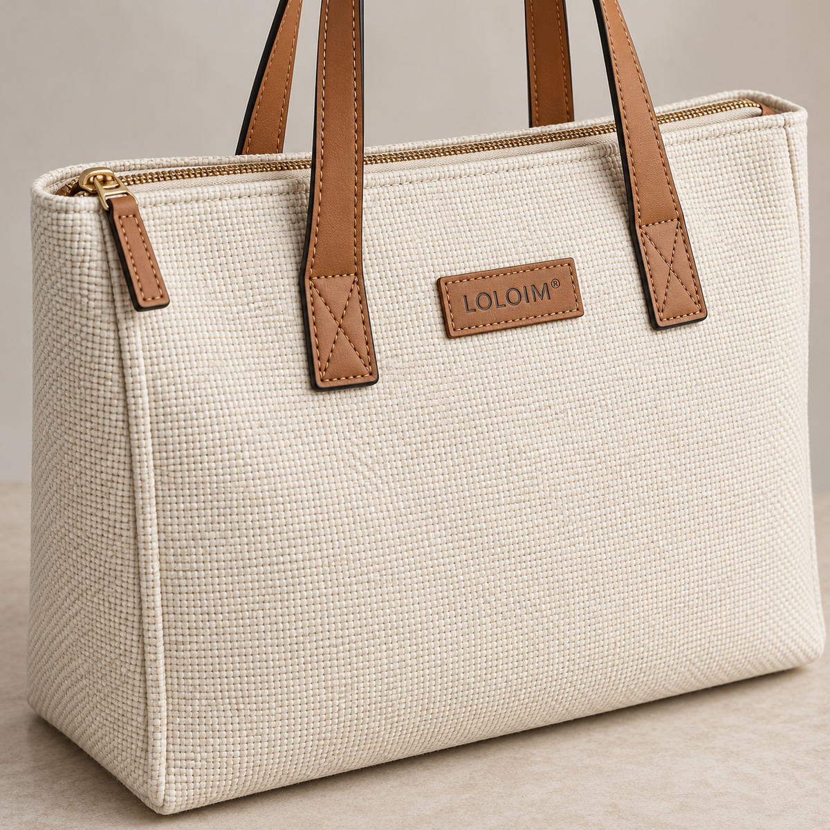 loloim® Ivory Woven Tote Bag with Brown Handles