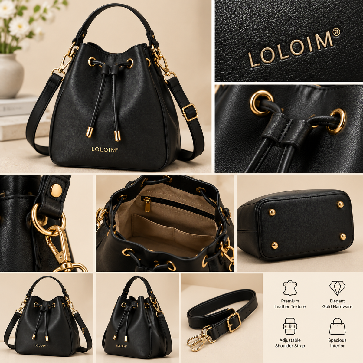 LOLOIM® Black Drawstring Bucket Bag with Gold Hardware