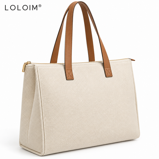 loloim® Ivory Woven Tote Bag with Brown Handles