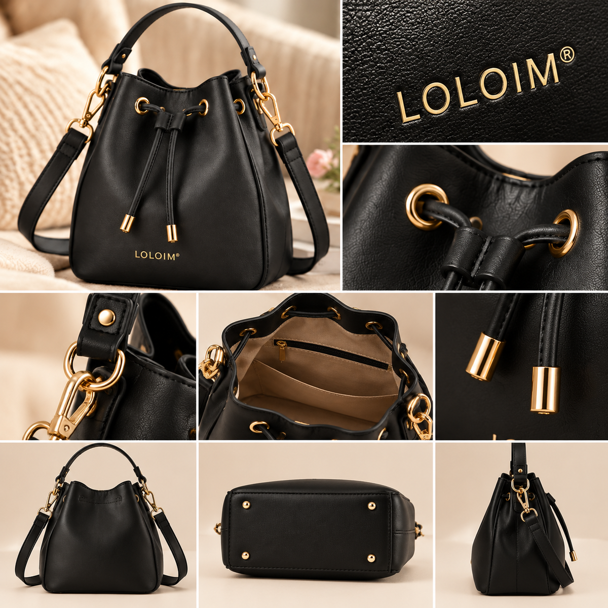 LOLOIM® Black Drawstring Bucket Bag with Gold Hardware