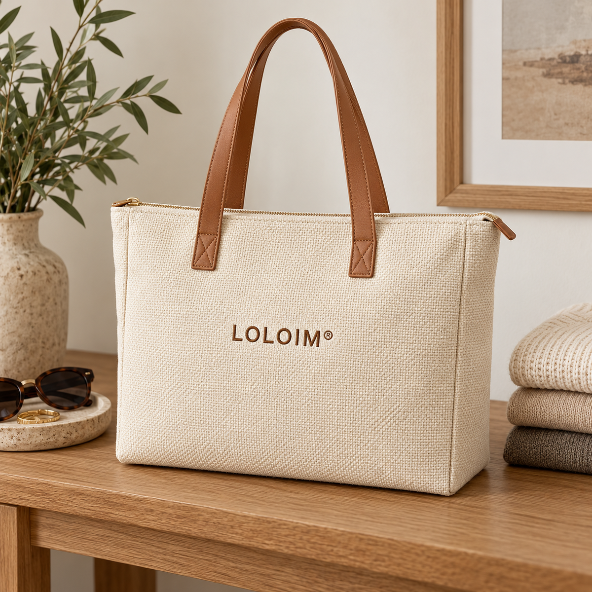 loloim® Ivory Woven Tote Bag with Brown Handles