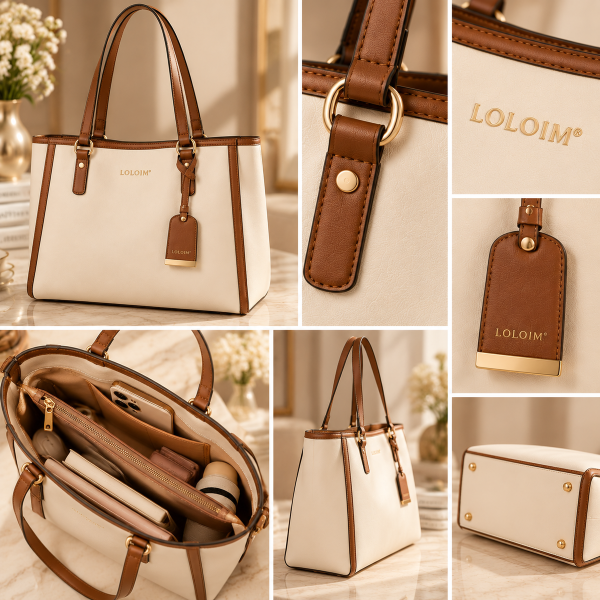 LOLOIM® Cream & Brown Structured Tote Bag