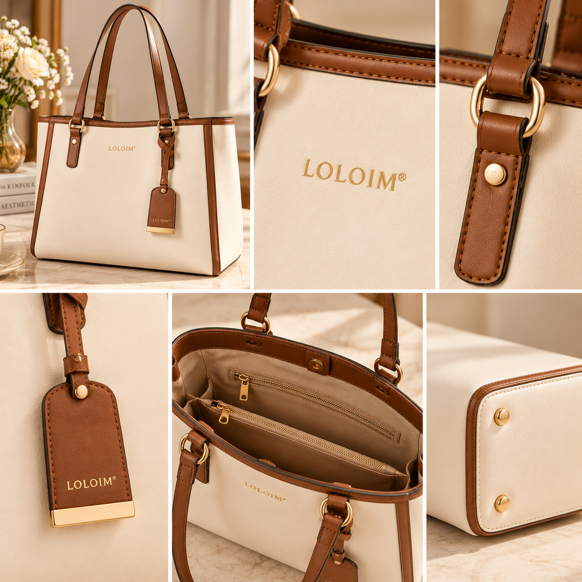 LOLOIM® Cream & Brown Structured Tote Bag