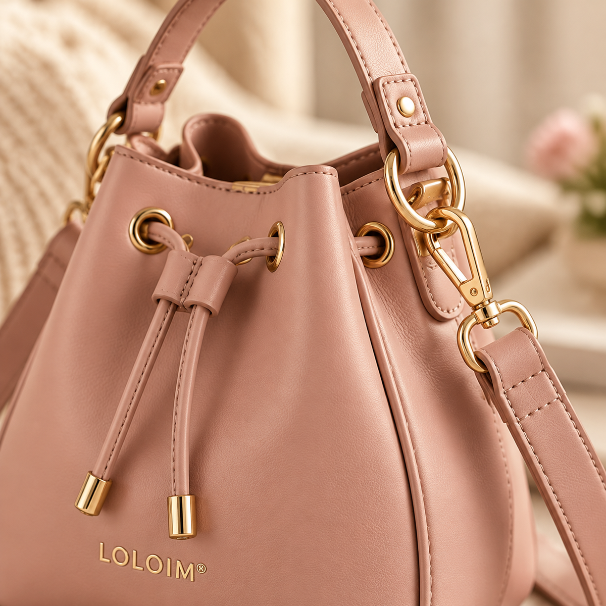 LOLOIM® Blush Pink Drawstring Bucket Bag
