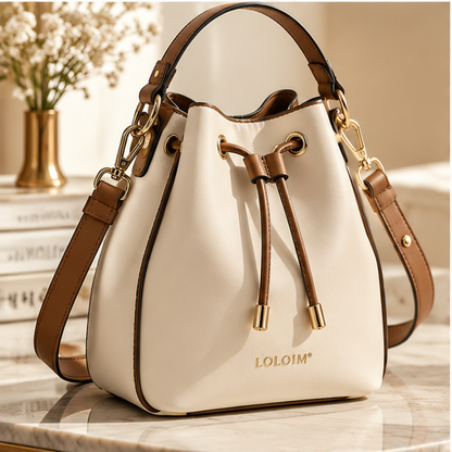 LOLOIM® Cream & Brown Drawstring Bucket Bag