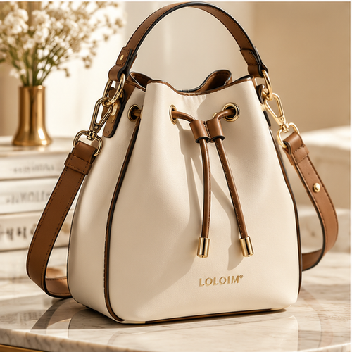LOLOIM® Cream & Brown Drawstring Bucket Bag