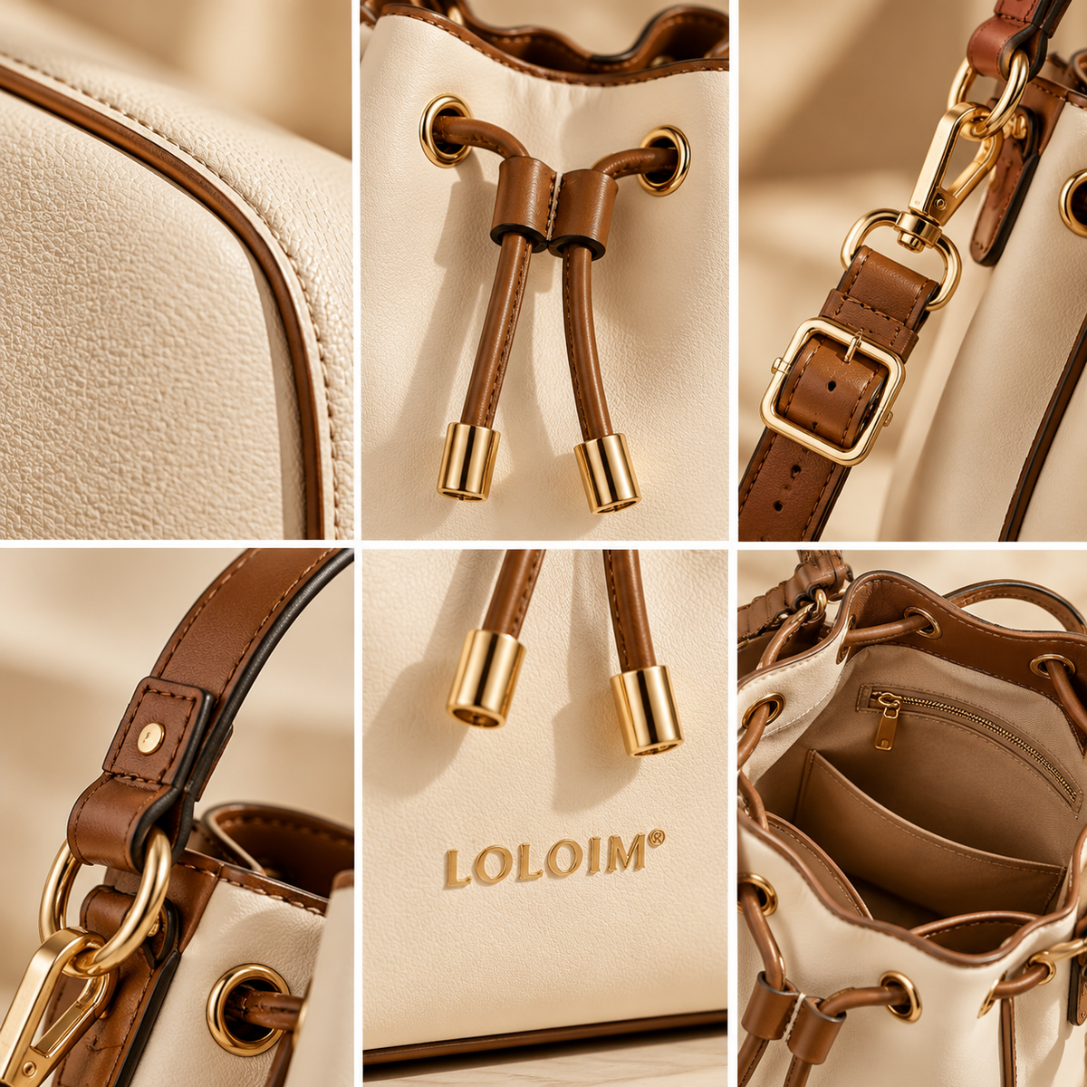 LOLOIM® Cream & Brown Drawstring Bucket Bag