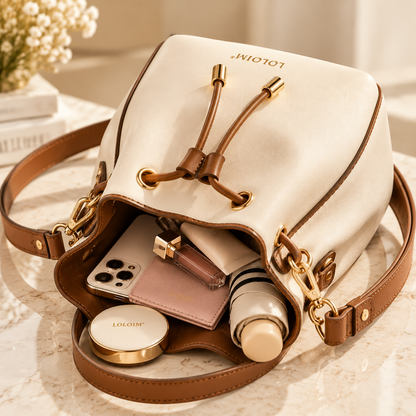 LOLOIM® Cream & Brown Drawstring Bucket Bag