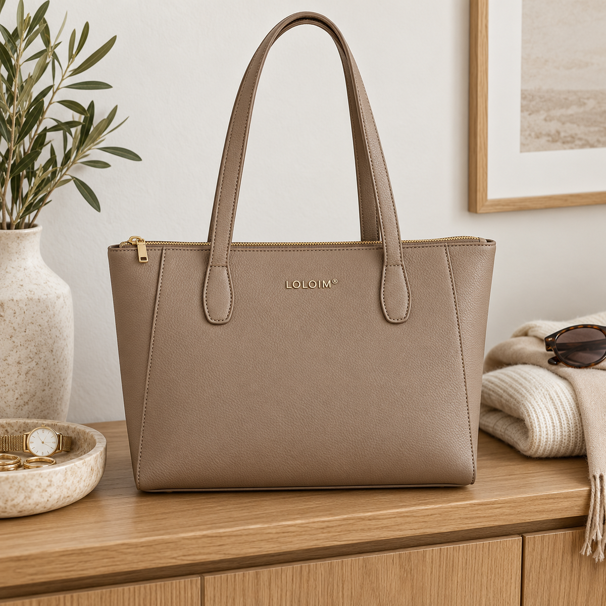 loloim® Taupe Textured Zip-Top Tote Bag